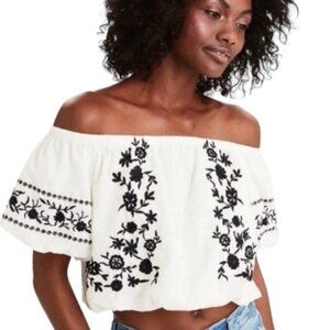 American Eagle Off White Off The Shoulder Embroidered Shirt